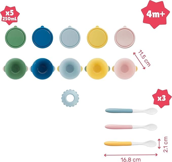 Badabulle-106747 Set of 5 Non-Slip Bowls 330ml & 3 Flexible Spoons