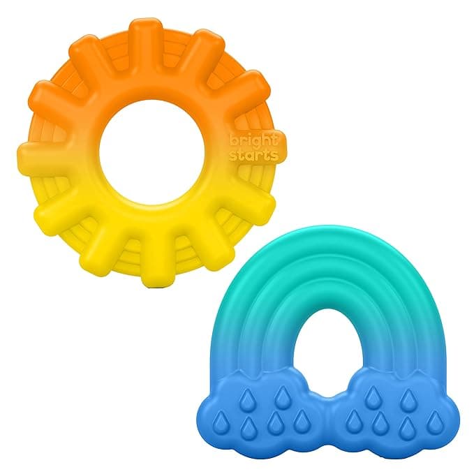 Bright Starts-108449 Chance of Smiles Silicone Teether 2-Pk, Easy-Grasp Sun and Rainbow, Unisex, 3 Months+