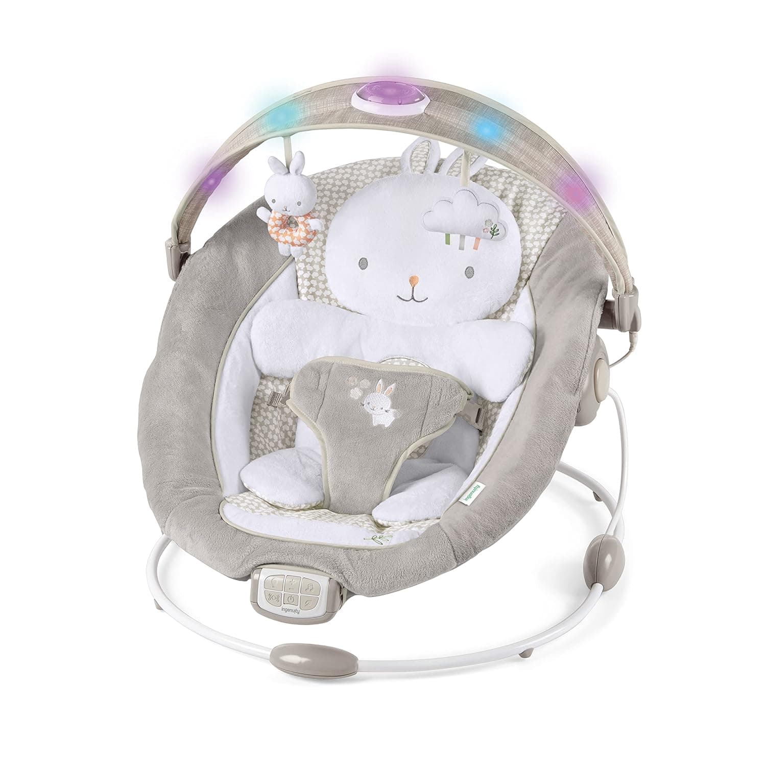 Ingenuity-083202 InLighten Baby Bouncer Infant Seat with Light Up -Toy Bar, Vibrations, Tummy Time Pillow & Sounds, 0-6 Months Up to 20 lbs (Twinkle Tails Bunny)