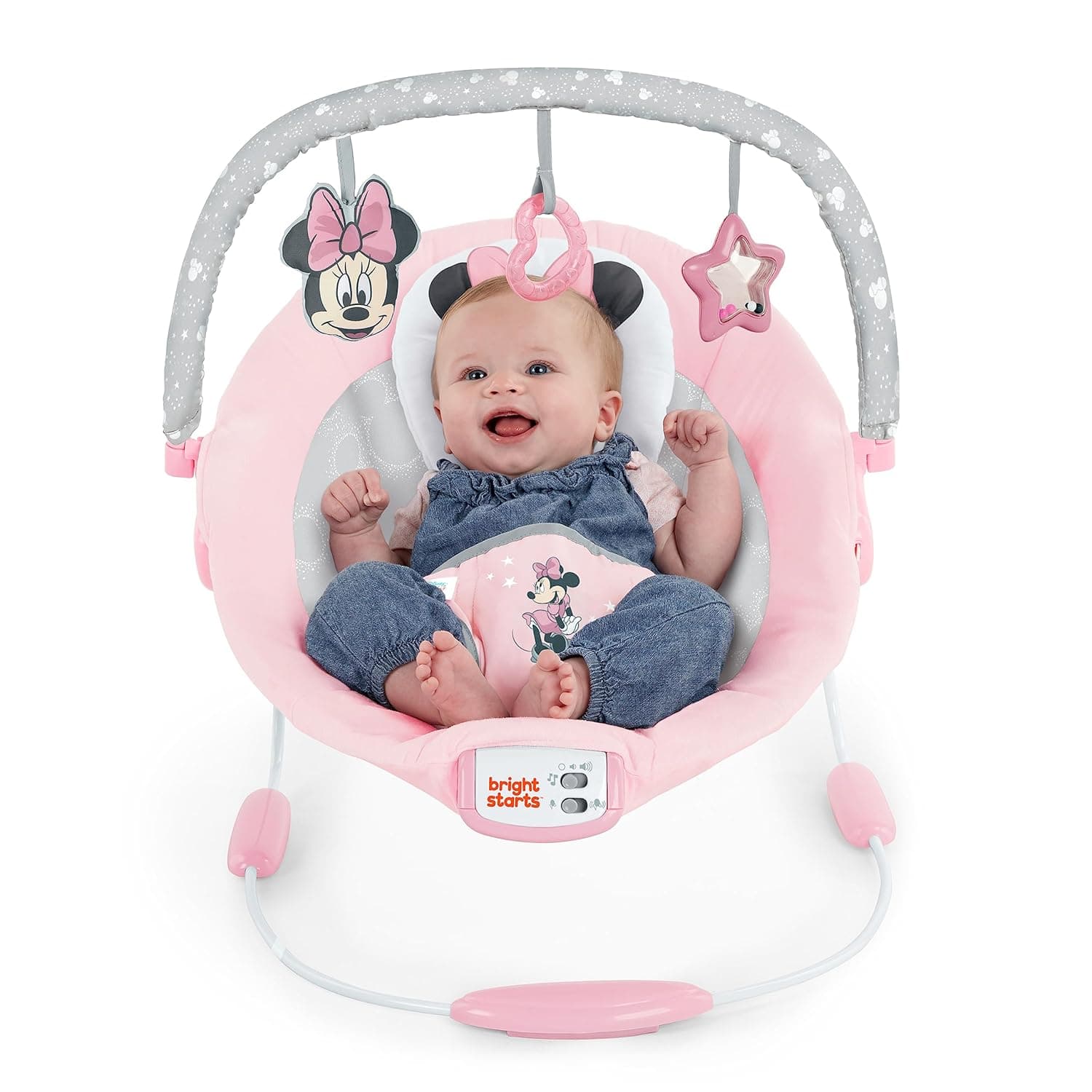 Bright Starts-102275 Disney Baby Minnie Mouse Comfy Baby Bouncer Soothing Vibrations Infant Seat - Music, Removable -Toy Bar, 0-6 Months Up to 20 lbs (Rosy Skies)