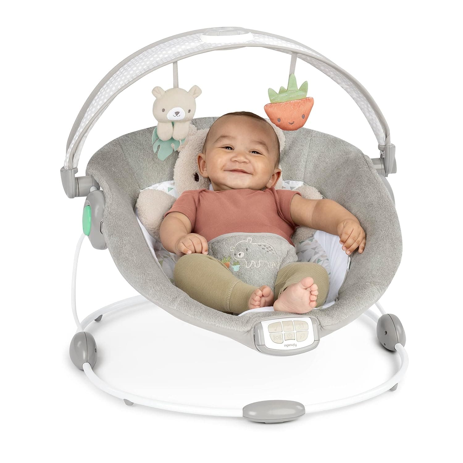 Ingenuity-102273 InLighten Baby Bouncer Seat with Light Up-Toy Bar and Bear Tummy Time Pillow Mat - Nate, Newborn and up