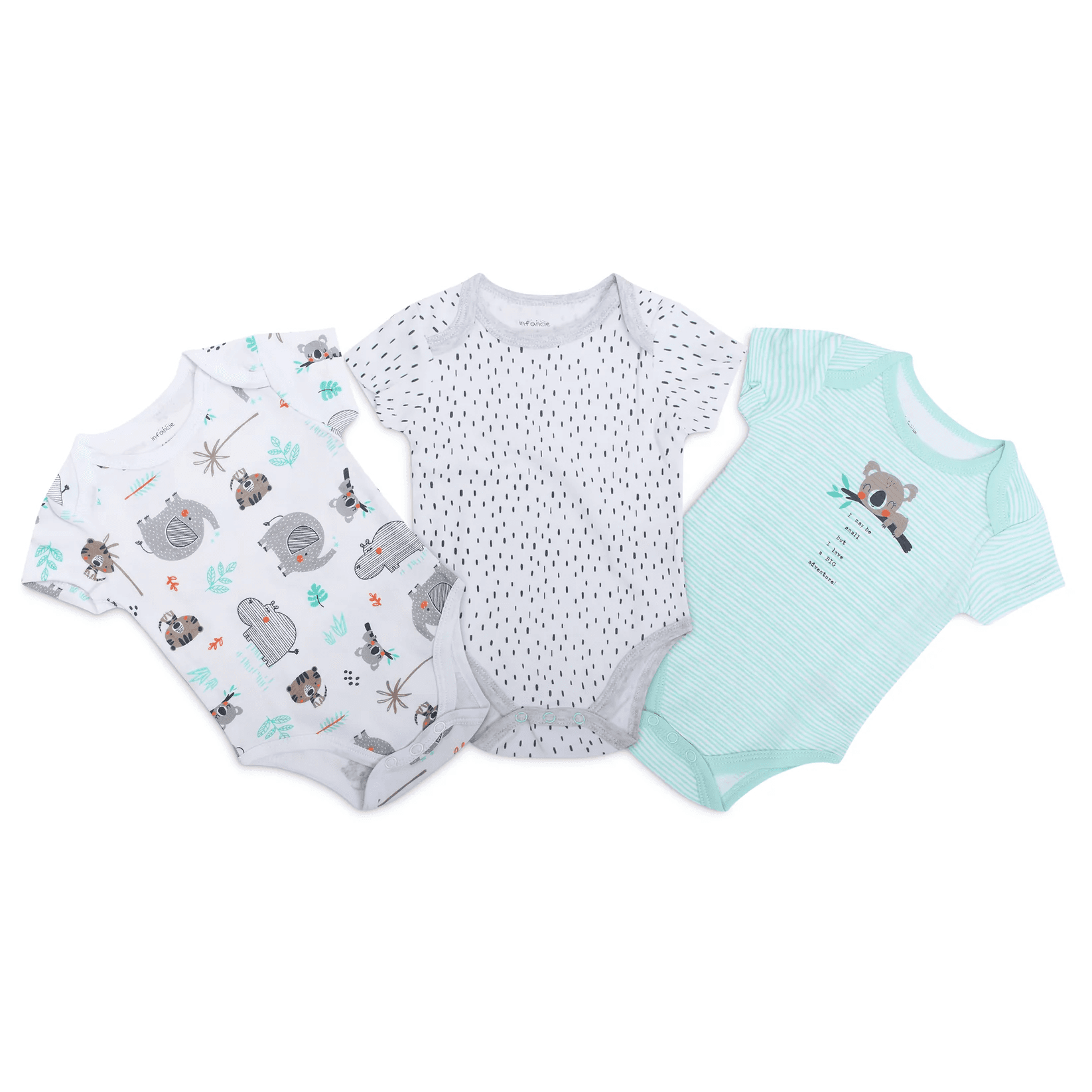INFANCIE- 110751 3-Pc Pure Cotton Short-Sleeved Baby Bodysuits (Mint Jungle)